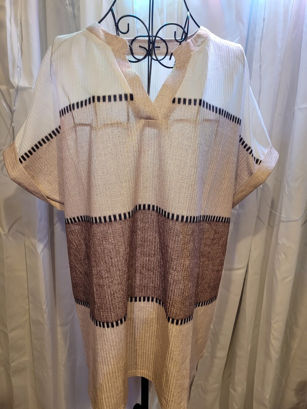 Amazon Cream and Brown Striped V-Neck Tunic